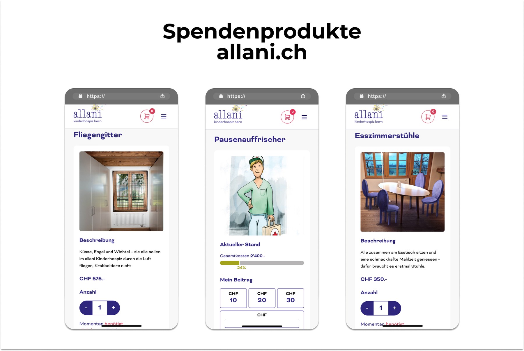 Spendenkampagnen im Spendenshop von allani (Beispiel)